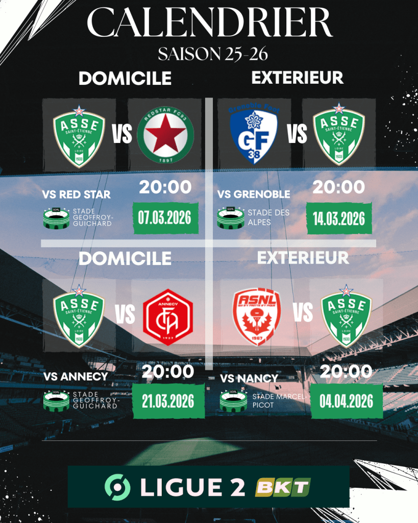 Les quatre prochaines rencontres de l’ASSE au mois de mars.