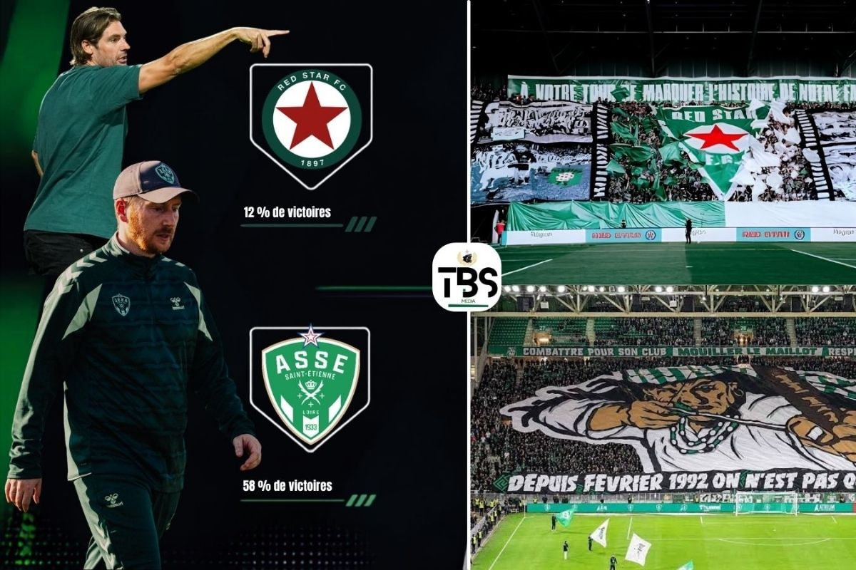 Montage présentant les entraîneurs du Red Star et de l’ASSE, les écussons des deux clubs et leurs supporters dans les tribunes. Le bilan historique affiche 12 % de victoires pour le Red Star contre 58 % pour Saint-Étienne.